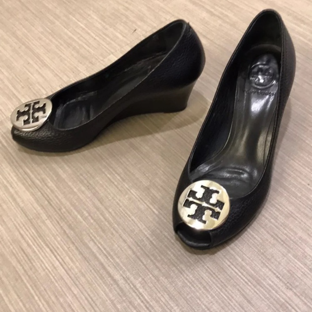 Tory Burch leather sally peep toe wedges